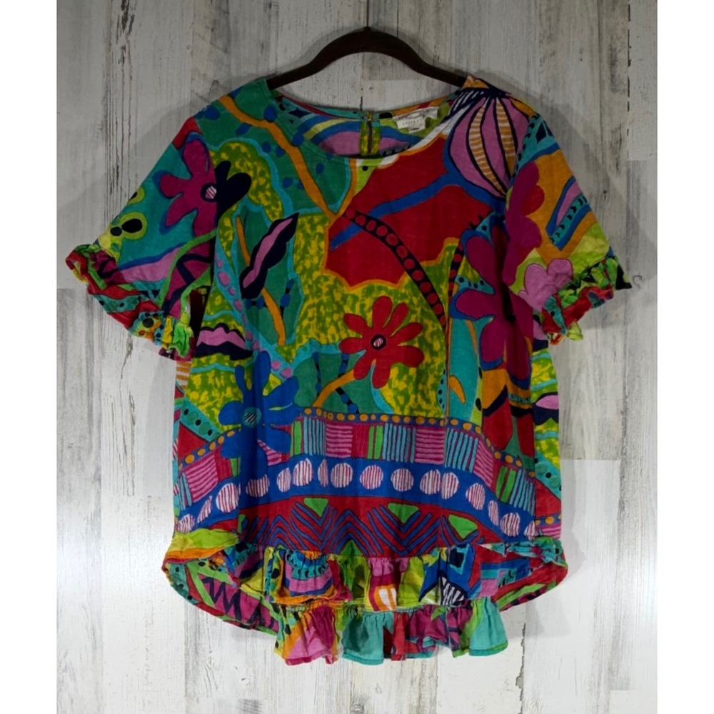 Orientique Australian Organic Cotton Ruffle Top Size Small Abstract Floral Multi